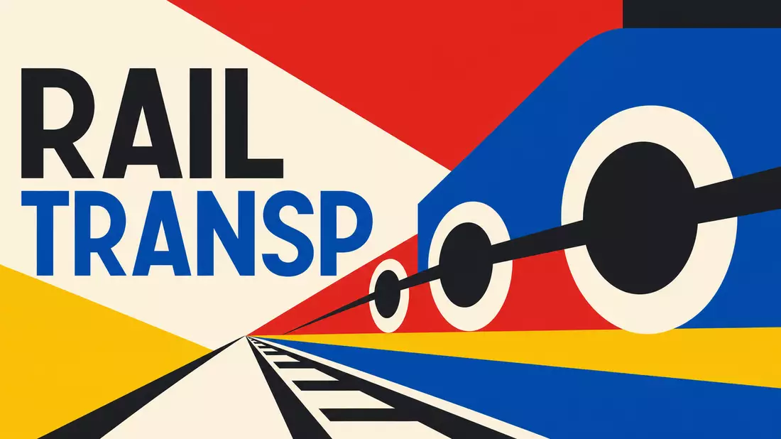 Geometrisches Bauhaus-Poster mit Zugrädern und den Wörtern RAIL und TRANSP