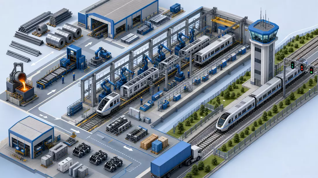 Isometrische 3D-Illustration einer Zugfabrik mit Montagehalle, Robotern und Kontrollturm