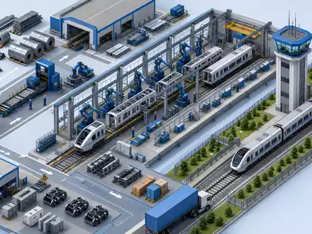 Alstom S.A. (FR0010220475) betreibt komplexe Fertigungsprozesse, isometrisch dargestellt als Wertschöpfungskette einer Zugfabrik - Foto: THN