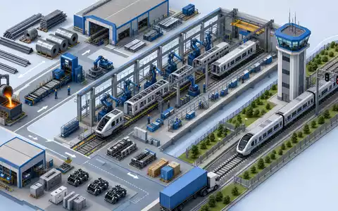 Alstom S.A. (FR0010220475) betreibt komplexe Fertigungsprozesse, isometrisch dargestellt als Wertschöpfungskette einer Zugfabrik - Foto: THN
