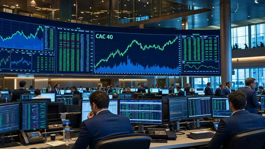 Trading-Floor mit großen Bildschirmen, Börsencharts und der Anzeige CAC 40