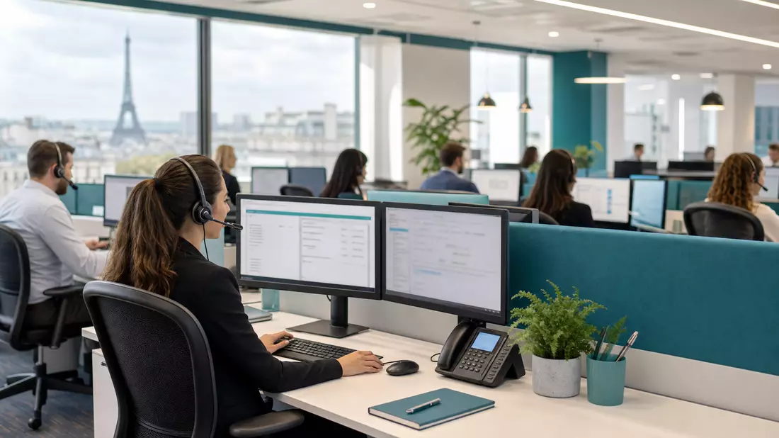 Fotorealistisches Callcenter-Büro mit Headset-Agenten in Paris, Aktienmotiv Teleperformance