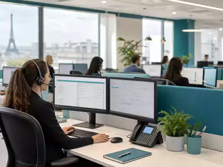 Modernes Callcenter-Großraumbüro mit Headset-Agenten symbolisiert Teleperformance SE, ISIN FR0000051807, im Kundenservice-Sektor Paris - Foto: THN