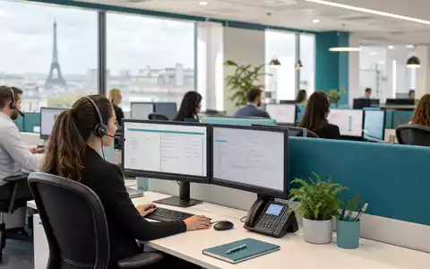 Modernes Callcenter-Großraumbüro mit Headset-Agenten symbolisiert Teleperformance SE, ISIN FR0000051807, im Kundenservice-Sektor Paris - Foto: THN