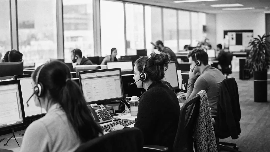 Schwarzweiß-Reportagefoto von Callcenter-Mitarbeitern mit Headsets im Großraumbüro