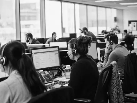 Dokumentarische Schwarzweiß-Aufnahme eines belebten Kundenservice-Büros veranschaulicht Teleperformance SE, ISIN FR0000051807, im weltweiten BPO-Geschäftsfeld - Foto: THN