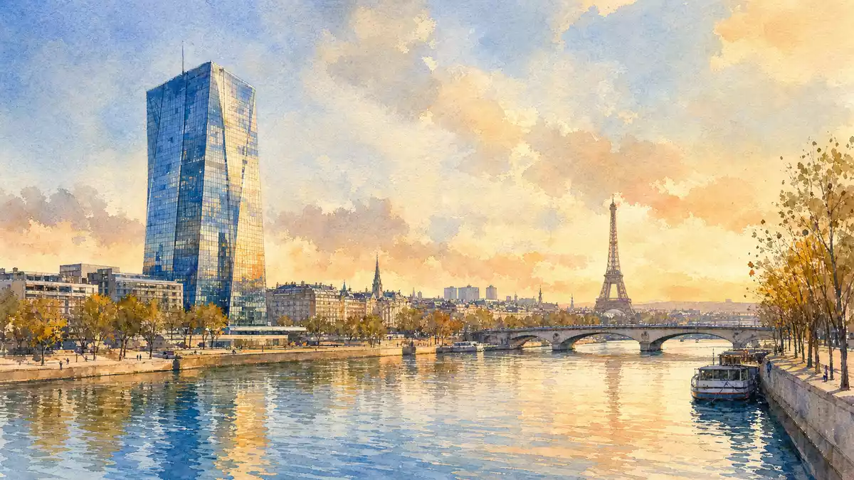 Aquarellbild der Pariser Skyline mit modernem Bürohochhaus und Eiffelturm