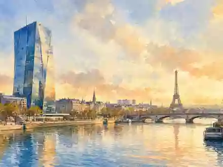 Aquarellmalerei der Pariser Skyline mit Glasturm repräsentiert Teleperformance SE, ISIN FR0000051807, mit Hauptsitz in Paris - Foto: THN