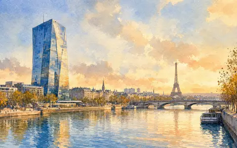 Aquarellmalerei der Pariser Skyline mit Glasturm repräsentiert Teleperformance SE, ISIN FR0000051807, mit Hauptsitz in Paris - Foto: THN