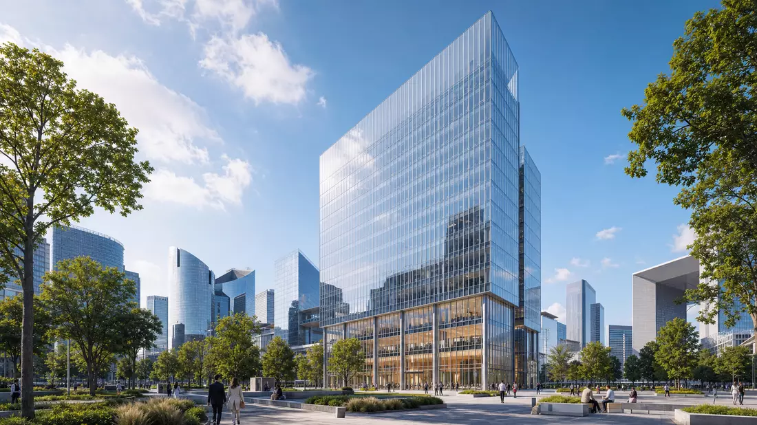 Architektur-Render eines modernen Glashochhauses im Pariser Geschäftsviertel bei Tag