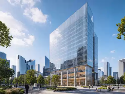 Architektonisches 3D-Render eines gläsernen Bürohochhauses visualisiert Teleperformance SE, ISIN FR0000051807, mit Sitz in Paris - Foto: THN