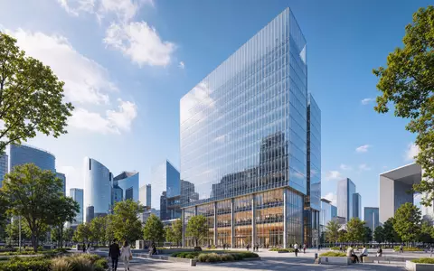 Architektonisches 3D-Render eines gläsernen Bürohochhauses visualisiert Teleperformance SE, ISIN FR0000051807, mit Sitz in Paris - Foto: THN