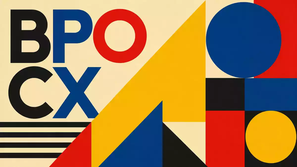 Bauhaus-Poster mit geometrischen Formen und den Kürzeln BPO und CX in Primärfarben