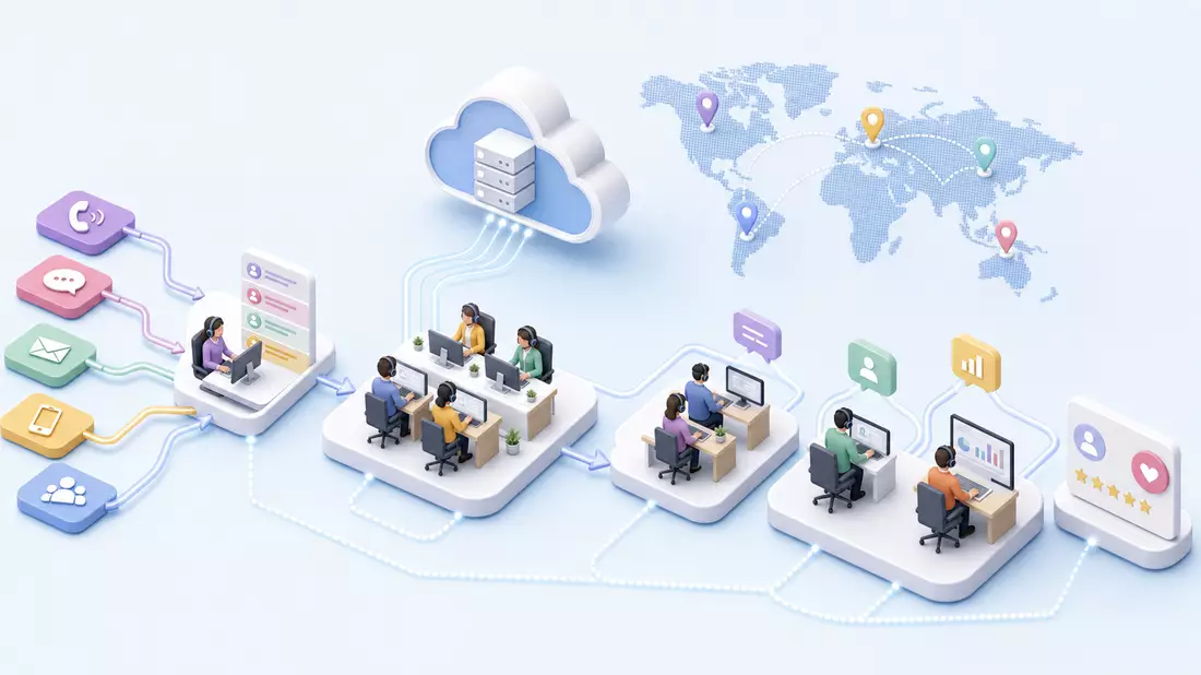 Isometrische 3D-Illustration eines Kundenservice-Workflows mit Cloud und Weltkarte