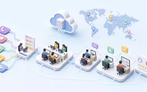 Isometrische 3D-Grafik zeigt Kundenservice-Workflow und veranschaulicht Teleperformance SE, ISIN FR0000051807, globales BPO-Netzwerk - Foto: THN