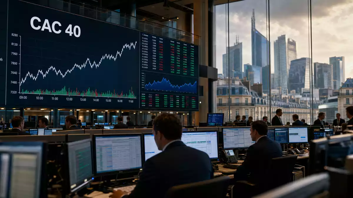 Trading-Saal mit CAC-40-Kurstafel und Pariser Skyline im Hintergrund