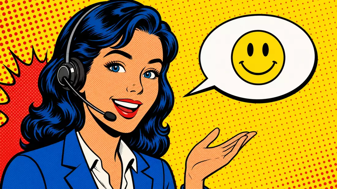 Pop-Art-Comic einer lächelnden Headset-Agentin mit Sprechblase und Smiley-Symbol