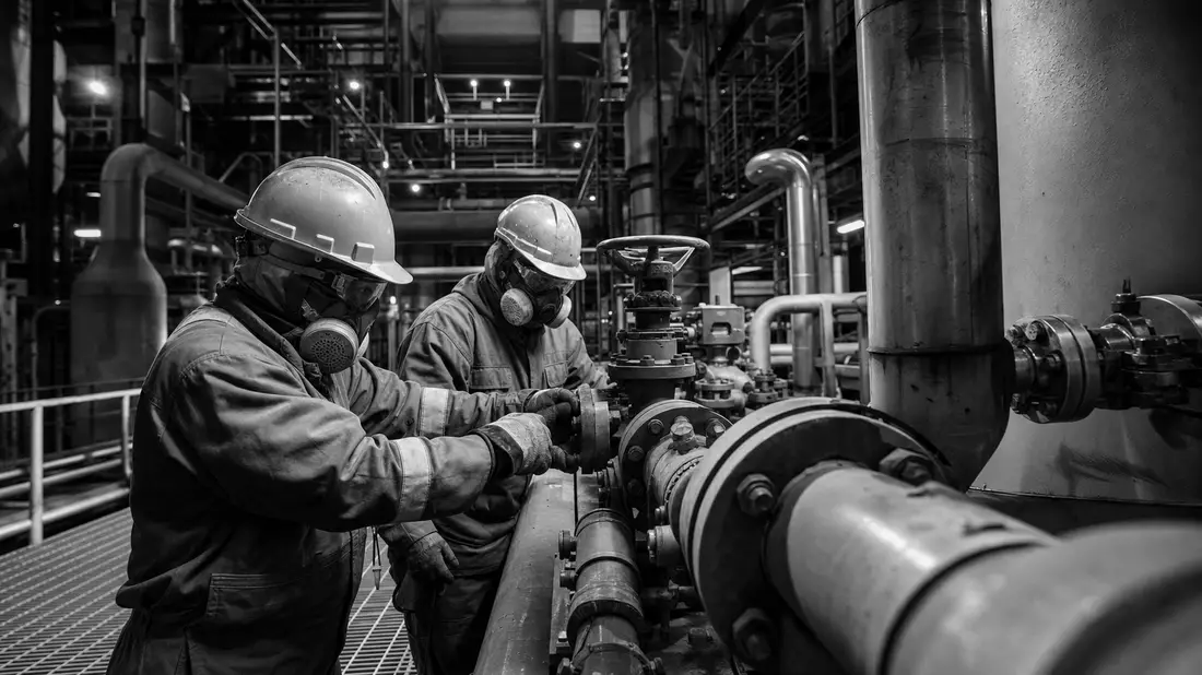 Schwarzweiß-Dokumentarfoto von zwei Arbeitern mit Helmen an Rohrleitungen in Chemieanlage