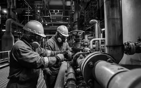Schwarzweiß-Reportagebild zeigt Arbeiter in Schutzausrüstung, steht sinnbildlich für Arkema S.A. FR0010313833 und industrielle Chemieproduktion - Foto: THN