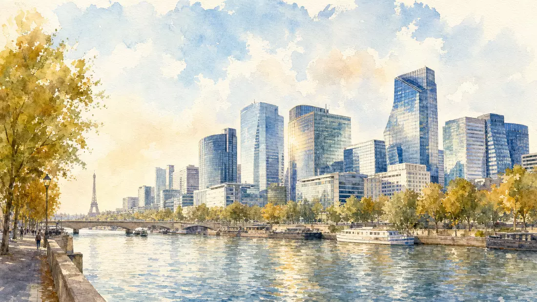 Aquarellbild moderner Glastürme entlang eines Flusses mit Bäumen und Brücke bei Paris