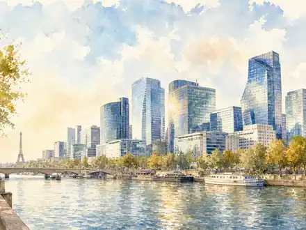 Aquarellmalerei einer Pariser Skyline am Fluss steht künstlerisch für Arkema S.A. FR0010313833 nahe Colombes - Foto: THN