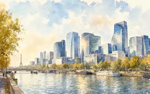 Aquarellmalerei einer Pariser Skyline am Fluss steht künstlerisch für Arkema S.A. FR0010313833 nahe Colombes - Foto: THN