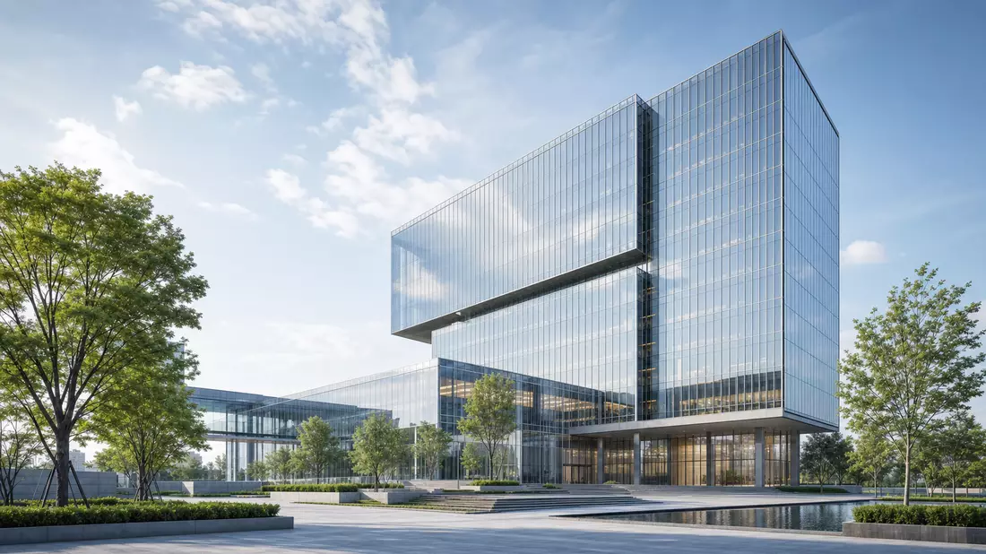 Architektonisches Rendering eines modernen verglasten Bürogebäudes mit Vorplatz und Bäumen