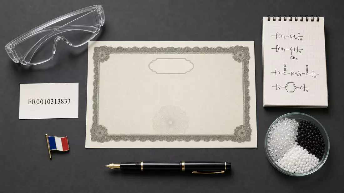 Flatlay mit Aktienzertifikat, ISIN-Karte und Polymergranulat auf dunklem Untergrund