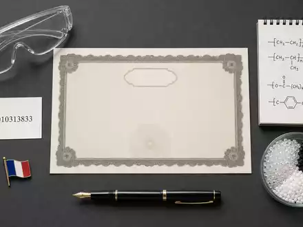 Flatlay mit ISIN-Karte FR0010313833, Aktienzertifikat und Laborutensilien visualisiert die Kapitalanlage in Arkema S.A. anschaulich - Foto: THN
