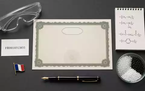 Flatlay mit ISIN-Karte FR0010313833, Aktienzertifikat und Laborutensilien visualisiert die Kapitalanlage in Arkema S.A. anschaulich - Foto: THN