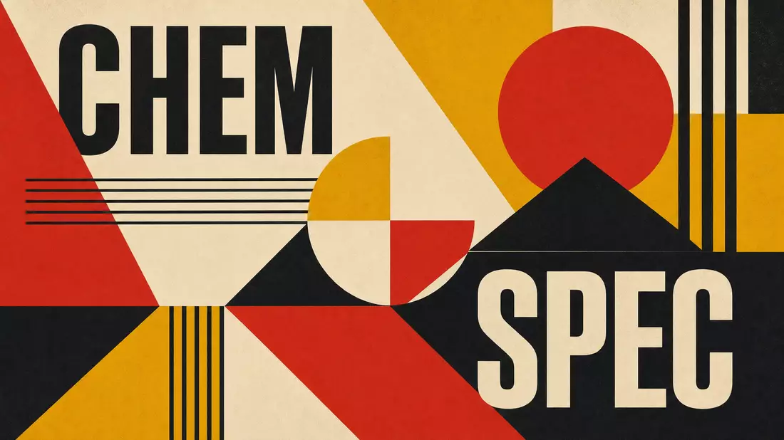 Geometrisches Bauhaus-Poster in Rot, Schwarz und Gelb mit Text CHEM und SPEC