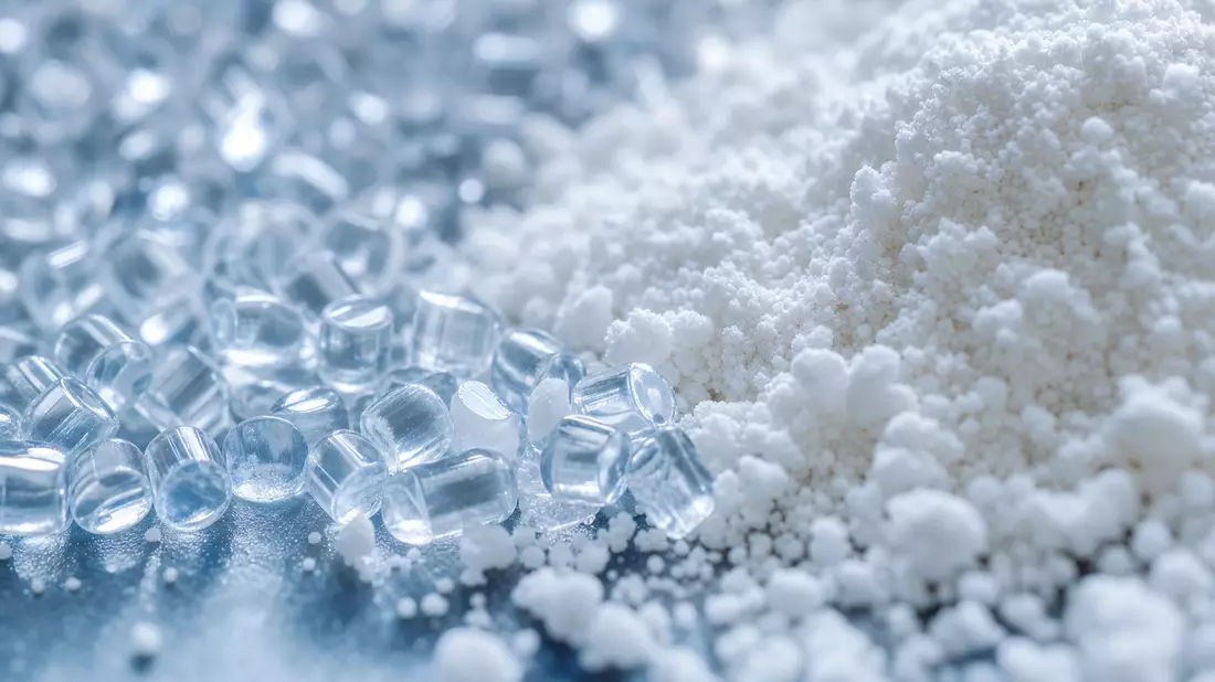Nahaufnahme von transparentem Polymergranulat neben weißem Fluorpolymer-Pulver