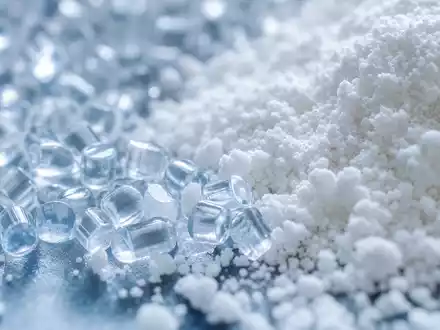 Makroaufnahme von Polymergranulat und Fluorid-Pulver veranschaulicht Materialien der Spezialchemie von Arkema S.A. FR0010313833 - Foto: THN