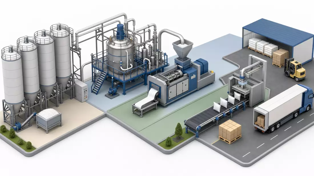 Isometrisches 3D-Diagramm einer Chemiefabrik mit Silos, Reaktor, Verpackung und Lastwagen