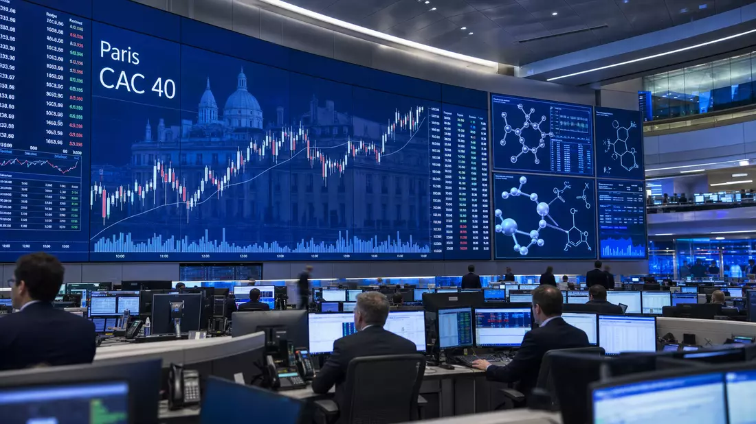 Trading-Floor mit großen Bildschirmen, Börsenkursen, Molekülgrafiken und Text Paris CAC 40