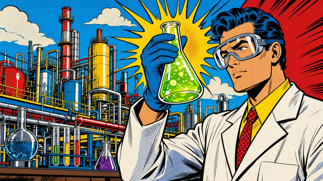 Comic-Illustration eines Wissenschaftlers mit Reagenzglas vor einer Chemiefabrik