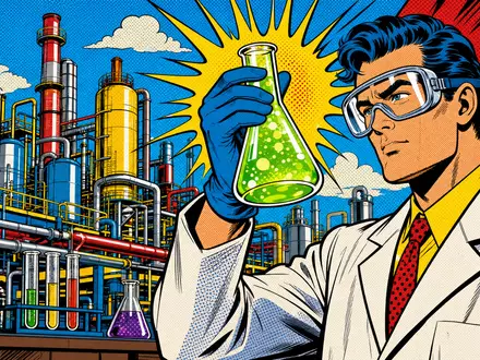 Pop-Art-Comic mit Wissenschaftler und Chemieanlage stellt farbenfroh die Spezialchemie-Welt von Arkema S.A. FR0010313833 dar - Foto: THN