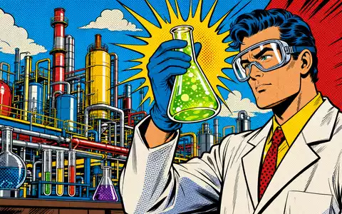 Pop-Art-Comic mit Wissenschaftler und Chemieanlage stellt farbenfroh die Spezialchemie-Welt von Arkema S.A. FR0010313833 dar - Foto: THN