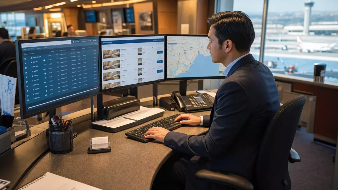Photorealistic travel agent at curved desk with three monitors showing flight search, hotel bookings, and route maps, airport terminal visible through window