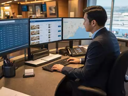 Amadeus IT Group ES0109067019 travel agency consultant at multi-screen workstation booking flights and hotels - Foto: THN