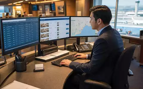 Amadeus IT Group ES0109067019 travel agency consultant at multi-screen workstation booking flights and hotels - Foto: THN
