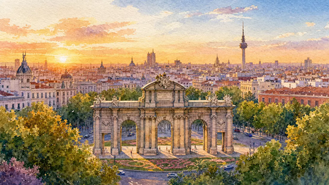 Delicate watercolor of Madrid skyline at sunset with Puerta de Alcalá triumphal arch centered, warm amber washes, Retiro park greenery foreground