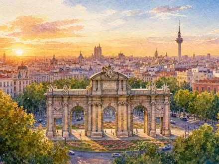 Amadeus IT Group ES0109067019 watercolor Madrid skyline Puerta de Alcalá arch at golden hour - Foto: THN