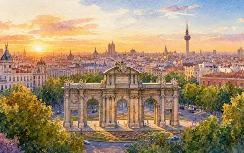 Amadeus IT Group ES0109067019 watercolor Madrid skyline Puerta de Alcalá arch at golden hour - Foto: THN