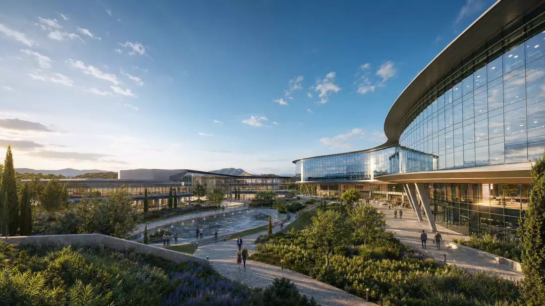 Photorealistic CGI render of contemporary travel tech campus, sweeping glass and steel headquarters with curved facade, landscaped plaza and water feature