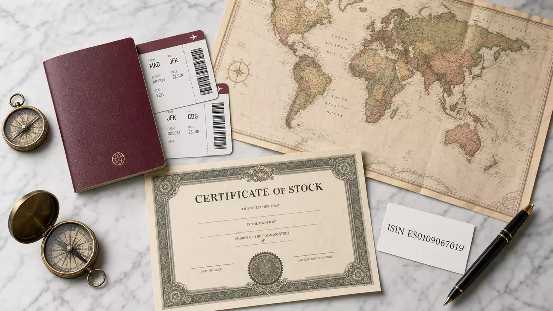 Overhead flatlay on white marble: burgundy passport, two boarding passes with barcodes, vintage world map, stock certificate, ISIN ES0109067019 card, compass and pen