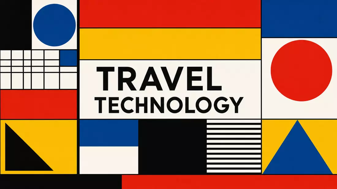 Bold Bauhaus graphic design with primary color geometric shapes, circles triangles rectangles in strict grid, centered TRAVEL TECHNOLOGY text in black sans-serif