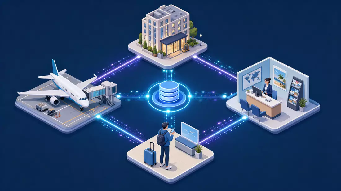 Clean isometric 3D tech illustration with four nodes: airplane at gate, hotel building, travel agency counter, passenger with luggage, connected by glowing data lines to central hub