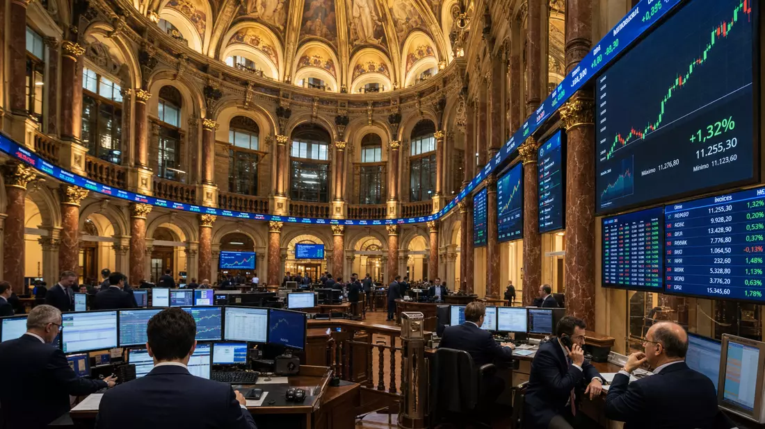 Wide-angle editorial photograph of ornate stock exchange trading floor, neoclassical domed interior, traders at workstations, large digital ticker screens showing index candlestick charts