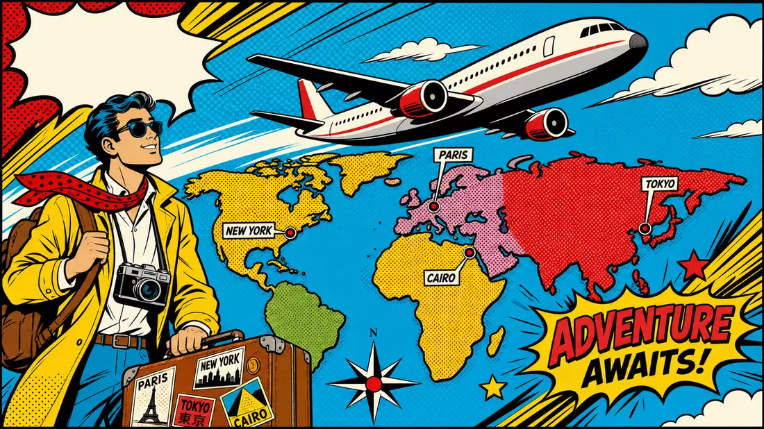 Vibrant pop art comic panel with Lichtenstein-style halftone dots, retro traveler character with suitcase, cartoon airplane soaring above stylized world map in bold primary colors